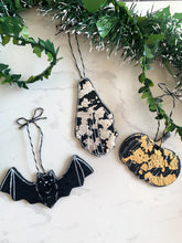 Load image into Gallery viewer, 3 piece Halloween/Creepmas ornaments (ghost, pumpkin, bat)
